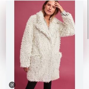 Anthropologie Artio Coat Teddy Bear Fuzzy Furry Cotton Blend Gray White Oversize